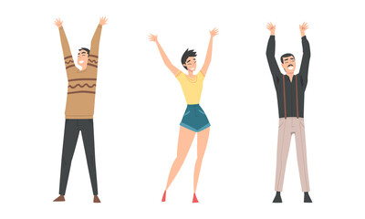 Poster - Happy people raising hands celebrating win or goal achievement. Victory and success cartoon vector illustration