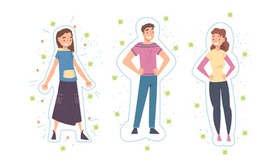 Sticker - Cheerful young people with healthy immune system set. Man and woman protected from virus, bacteria and germs cartoon vector illustration