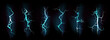 Lightning, electric thunderbolt strike of blue color. Impact, crack, magical energy flash. Powerful electrical discharge, Realistic 3d vector bolts during night storm isolated set on black background