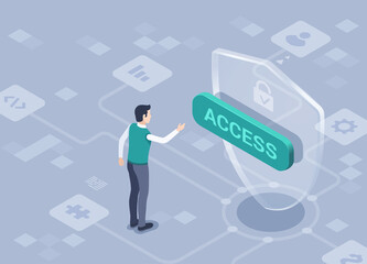 Wall Mural - isometric vector illustration on a gray background, a shield with a green button and a lock icon with the inscription access, a man pressing a button