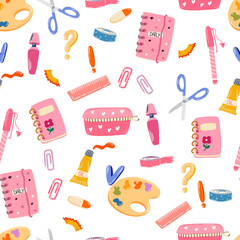Wall Mural - School tools seamless pattern. Stationery background. Back to school. Endless background in childish style for fabric, textile, kids and wallpaper. Vector illustration