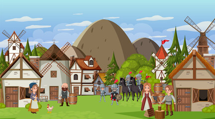 Wall Mural - Medieval town scene with villagers