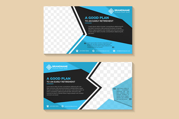 horizontal banner design template of a good plan to an early retirement. mosaic polygonal concept using blue and black colors. space for photo and text. dot halftone pattern for element. 