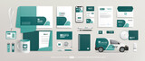 Fototapeta Młodzieżowe - Brand Identity Mock-Up of stationery set with green and white abstract geometric design. Business office stationary mockup template of File folder, annual report, van car, brochure, corporate mug