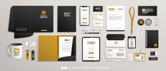 Wall Mural - Stationery Brand Identity Mock-Up set with black and brown design. Business office stationary mockup template of File folder, annual report, envelope, brochure, tablet, souvenirs. Editable vector 