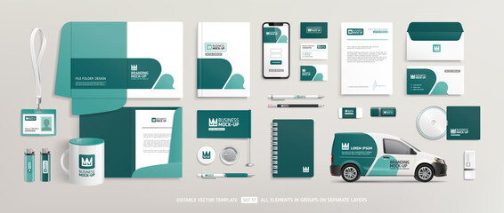 brand identity mock-up of stationery set with green and white abstract geometric design. business of