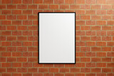 Fototapeta Tematy - Minimalist hanging vertical black poster or photo frame mockup in brick wall