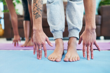 Poster - Yoga helped us to find balance in our relationship. Cropped shot of an unrecognizable couple practising yoga at home.