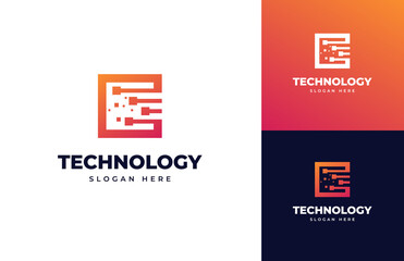 Aufkleber - Initial letter C tech pixels line random circuit vector logo design, Simple square dots technology wire logo design