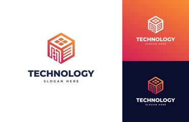 Aufkleber - Digital document data tech circuit home vector logo design, Creative geometric quick future technology logo design