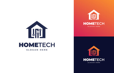 Aufkleber - Home tech network idea security automation vector logo design, Creative tech building construction house circuit logo design