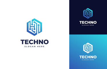 Aufkleber - Geometric circuit tech wire digital system vector logo design, Creative technology connection data online logo design