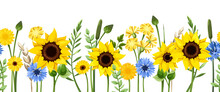 Horizontal Seamless Border With Blue And Yellow Flowers With Stems. Sunflowers, Dandelion Flowers, Gerbera Flowers, Cornflowers, Ears Of Wheat, And Green Leaves. Vector Illustration