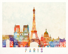 Paris Landmarks Watercolor Poster