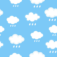 Wall Mural - Seamless pattern background with white fluffy cartoon clouds and drops rain on light blue sky. Vector illustration for kids fabric or backdrop.