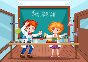 Wall Mural - classroom scene with scientist doing experiment