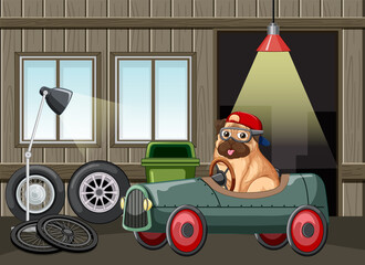 Wall Mural - Dog driving car in garage