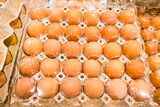 Fototapeta Kwiaty - Fresh chicken brown eggs in pack are sold in supermarkets at thailand.