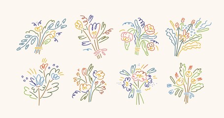 Poster - Flower bunches of abstract shapes in modern line art style. Spring floral bouquets, romantic gift. Creative drawings set. Trendy stylized blooms. Isolated hand-drawn graphic vector illustrations