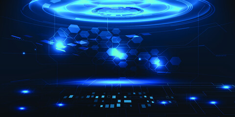 Wall Mural - Vector illustrations of high tech digital space stage layout for hi-tech technology showcase.Future tech design concepts.