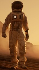 Wall Mural - astronaut on mars walking on the exploring expedition. in the background his base/ research station.