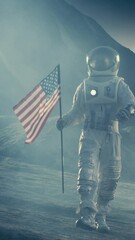 Wall Mural - strong astronaut walks with the flag of unites states of america on the dark alien planet. space tra