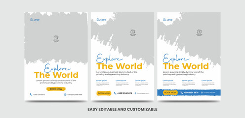 Modern poster travel flyer design template bundle. Editable tour poster template with brush stroke set