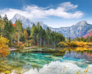 Wall Mural - stunning autumn scene of sunny morning on almsee lake. poppular travell destination.