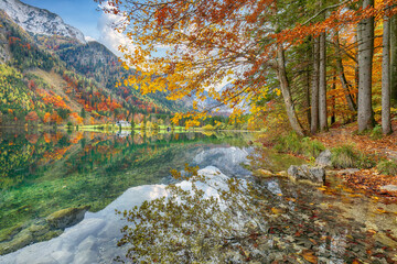 Wall Mural - fabulous autumn scene of vorderer langbathsee lake.