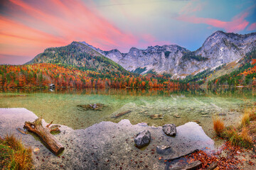 Wall Mural - fabulous autumn scene of hinterer langbathsee lake.