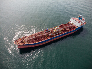 Large general cargo ship tanker bulk carrier, Top down aerial view.