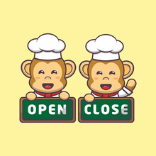 Cute Monkey Chef Mascot Cartoon Character With Open And Close Board