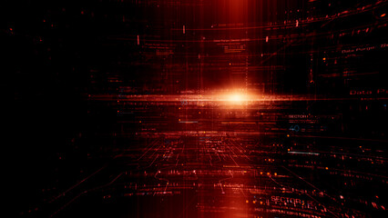 Fototapete - Futuristic abstract de-focus flowing data matrix, telemetry and encrypt numbers display with particles simulation for head up display in cyber space environment