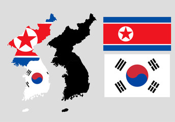 north and south korea map flag icon set
