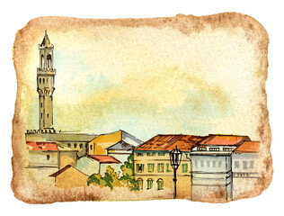 Watercolour sketch with town Florence, Italy, textured old paper