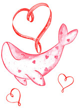 Valentine's Day Whale Watercolor Illustration
