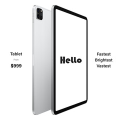 Poster - tablet silver color with blank touch screen saver and backside view isolated on white background. mockup of realistic and detailed device. vector 3d isometric illustration
