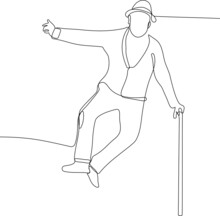 Continuous One Line Drawing Of Full Length Portrait Of A Senior Man With A Knee Pain Walking With A Cane. Minimal Outline Concept. Vector Illustration