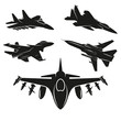 Military aircraft, fighters. Vector set of five icons. Vector isolated illustration.
