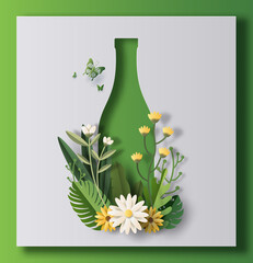 Wall Mural - A bottle of water with flowers and leaves, the idea is to recycle old plastic bottles, think green, paper illustration, and 3d paper.