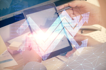 Poster - Double exposure of man's hands holding and using a digital device and arrows hologram drawing. Success concept.