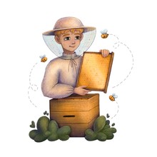 Illustration Of Boy Beekeeper In Special Hat With A Honey Frame With Honeycombs Near Wooden Hive And Flying Bees, Isolated On White Background 