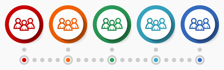 Poster - People, group, social media concept vector icon set, flat design colorful buttons, infographic template in 5 color options