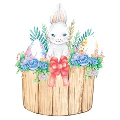 Watercolor wood bucket with spring easter decoration. Vector illustration.