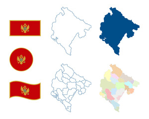 Wall Mural - Montenegro map. Detailed blue outline and silhouette. Administrative divisions and municipalities. Country flag. Set of vector maps. All isolated on white background. Template for design.