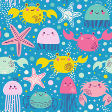 Vector Pattern With Marine Animals. Seamless Background With Starfish, Crabs, And Jellyfish. 