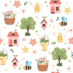 Wall Mural - Spring pattern with cute elements - cherry blossom, easter egg basket, house, bees and flowers. Vector illustration in flat cartoon style