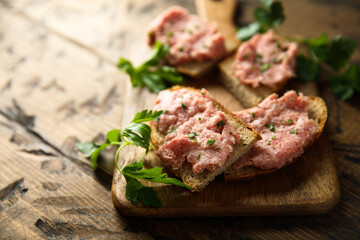 Sticker - Traditional pork pate or sausage on a white bread