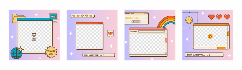 Fototapete - Set of linear vaporwave ig post or stories templates for social media. Abstract retro 80s 90s aesthetic groovy backgrounds with old computer user interface dialog window and nostalgic elements. Vector