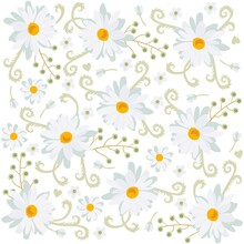 Large White Daisies, Green Bird Cherry Berries, Tiny Flowers And Buds Isolated On White Background. Natural Seamless Ditsy Pattern. Wonderful Print For Clothing Fabric, Bed Linen.